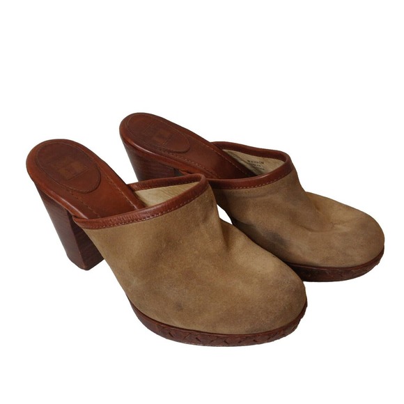 Frye Women's Shoes Mules Tan Suede Brown Block Heel Size 8 Clogs. - Picture 1 of 7